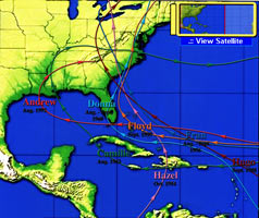 Траектории движения сильных ураганов прошлых лет
